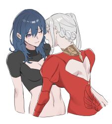 Rule 34 | 2girls, abs, absurdres, back cutout, black shirt, blue hair, braid, breasts, byleth (female) (fire emblem), byleth (fire emblem), cleavage, cleavage cutout, closed mouth, clothing cutout, commentary request, dress, edelgard von hresvelg, fire emblem, fire emblem: three houses, highres, imminent bite, long hair, medium breasts, midriff, multiple girls, nintendo, open mouth, purple eyes, red dress, shirt, short sleeves, side ponytail, simple background, sweat, toho10min, toned female, upper body, white background, white hair, yuri