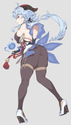 1girl ass black_gloves blue_hair bodysuit breasts brown_bodysuit detached_sleeves from_behind ganyu_(genshin_impact) genshin_impact gloves goat_horns gogoco grey_background hand_on_own_hip highres horns long_hair looking_at_viewer looking_back medium_breasts red_eyes simple_background solo standing