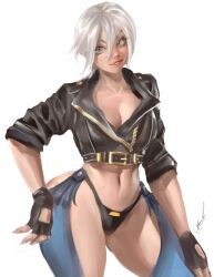 Rule 34 | 1girl, angel (kof), ass, ass cutout, backless pants, blue eyes, bra, breasts, chaps, cleavage, clothing cutout, crop top, cropped jacket, crotch cutout, fingerless gloves, gloves, hair over one eye, highres, jacket, large breasts, leather, leather jacket, looking at viewer, midriff, navel, orion-m, panties, pants, revealing clothes, short hair, smile, snk, solo, strapless, strapless bra, the king of fighters, the king of fighters xiv, toned, underwear, white hair