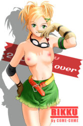 Rule 34 | 1girl, blonde hair, blue eyes, breasts, final fantasy, final fantasy x, final fantasy x-2, gloves, goggles, goggles around neck, green skirt, looking at viewer, macha (come-come), nipples, no shirt, rikku (ff10), skirt, solo, tagme, topless
