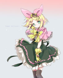 Rule 34 | 1girl, bad id, bad pixiv id, black thighhighs, blush, dress, eager believer (vocaloid), female focus, frilled dress, frilled skirt, frills, gloves, gradient background, green eyes, hair ornament, hair ribbon, hairclip, hand on own cheek, hand on own face, kagamine rin, kona (canaria), poncho, ribbon, short hair, skirt, smile, solo, thighhighs, vocaloid
