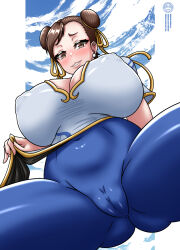 Rule 34 | 1girl, blue dress, blue leggings, blue sky, blush, border, breasts, brown eyes, brown hair, cameltoe, capcom, chinese clothes, chun-li, cleavage, cleft of venus, cloud, covered erect nipples, covered navel, cowboy shot, double bun, dress, earrings, from below, gluteal fold, hair bun, highres, huge breasts, jewelry, leggings, looking at viewer, looking down, matching hair/eyes, short sleeves, skin tight, sky, smile, solo, spread legs, street fighter, takilmar, white border