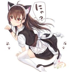 Rule 34 | 1girl, :o, ahoge, animal ear fluff, animal ears, apron, black dress, blush, brown eyes, brown hair, cat ears, cat girl, cat tail, collared shirt, commentary request, dress, earrings, frilled apron, frills, hair between eyes, hair ornament, hairclip, hand up, jewelry, long hair, looking at viewer, looking to the side, maid, maid headdress, maruma (maruma gic), no shoes, original, parted lips, paw pose, puffy short sleeves, puffy sleeves, shadow, shirt, short sleeves, signature, sitting, sleeveless, sleeveless dress, soles, solo, stud earrings, tail, thighhighs, translation request, very long hair, wariza, white apron, white background, white shirt, white thighhighs, wrist cuffs