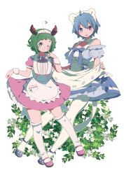 Rule 34 | 2girls, :p, ;), ahoge, animal ears, apron, blue dress, blue eyes, blue footwear, blue hair, bow, bowtie, breasts, cleavage, commentary request, corset, detached collar, dress, floral background, frilled apron, frilled dress, frilled legwear, frills, green eyes, green hair, halterneck, heterochromia, highres, kasodani kyouko, kneehighs, large bow, maid, maid apron, maid headdress, mary janes, medium breasts, multiple girls, namauni, off-shoulder dress, off shoulder, one eye closed, pantyhose, pink dress, pink footwear, puffy short sleeves, puffy sleeves, red eyes, shoes, short hair, short sleeves, simple background, smile, socks, tatara kogasa, tongue, tongue out, touhou, underbust, white background, white legwear, wrist cuffs