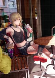 Rule 34 | 1girl, artoria pendragon (all), artoria pendragon (fate), bare shoulders, belt, black footwear, black jacket, black ribbon, black shorts, black tank top, blonde hair, blush, boots, bracelet, breasts, buckle, burger, casual, chair, choker, cleavage, collarbone, crossed legs, cup, cushion, day, expressionless, fate/grand order, fate/stay night, fate (series), fishnet pantyhose, fishnets, food, hair between eyes, hair ribbon, highres, holding, holding cup, holding food, jacket, jewelry, knee boots, long hair, looking at viewer, medium breasts, midriff, mugetsu2501, navel, off shoulder, official alternate costume, pantyhose, ribbon, ring, saber alter, saber alter (ver. shinjuku 1999) (fate), shorts, sidelocks, sitting, solo, storefront, table, tank top, wristband, yellow eyes