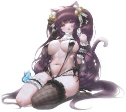 Rule 34 | 1girl, :o, ahoge, animal ear fluff, animal ears, arm support, artist request, bare shoulders, bell, bikini, black bikini, black gloves, black hair, black thighhighs, breasts, bridal garter, butterfly tattoo, cat ears, cat girl, cat tail, cleavage, commission, covered erect nipples, detached collar, detached sleeves, facial mark, fang, fishnet thighhighs, fishnets, frilled thighhighs, frills, gloves, hair ribbon, hand up, highres, jingle bell, large breasts, latex, long hair, looking at viewer, navel, no shoes, open mouth, original, puffy sleeves, purple eyes, ribbon, second-party source, seiza, side-tie bikini bottom, single thighhigh, sitting, slingshot swimsuit, solo, stomach, swimsuit, tail, tattoo, thighhighs, thighs, twintails, very long hair
