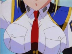 Rule 34 | 1990s (style), 1girl, animated, animated gif, between breasts, blonde hair, bouncing breasts, breasts, burn-up, burn-up excess, close-up, female focus, head out of frame, kinezono rio, large breasts, necktie, necktie between breasts, police, police uniform, policewoman, retro artstyle, short hair, solo, uniform