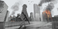 Rule 34 | 1girl, absurdres, ak-12, animal, assault rifle, bird, building, burning, burning building, character request, chihuri, closed mouth, collared shirt, crosswalk, fire, gun, hair between eyes, high heels, highres, holding, holding gun, holding weapon, jacket, kalashnikov rifle, long sleeves, looking away, one side up, open clothes, open jacket, outdoors, rifle, shirt, shoes, sketch, skirt, skyscraper, smoke, solo, vocaloid, weapon