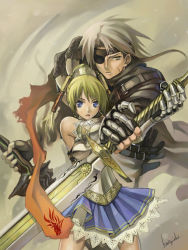 Rule 34 | armor, blonde hair, blue eyes, eyepatch, fantasy, kurojishi, original, sword, weapon