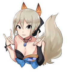 Rule 34 | 1girl, asymmetrical sleeves, black bow, black eyes, black sleeves, bow, breasts, cleavage, collarbone, cropped torso, detached sleeves, earrings, fox tail, hair between eyes, hair bow, highres, idolmaster, idolmaster cinderella girls, jewelry, long sleeves, looking at viewer, medium breasts, necklace, parted lips, shiomi syuko, short hair, silver hair, simple background, single sleeve, solo, tail, toumori kanna, uneven sleeves, upper body, white background