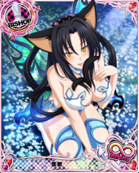Rule 34 | 10s, 1girl, animal ears, bishop (chess), black hair, blush, breasts, butterfly wings, card (medium), cat ears, cat tail, character name, chess piece, cleavage, covered erect nipples, hair rings, high school dxd, high school dxd infinity, insect wings, kuroka (high school dxd), large breasts, lipstick, long hair, makeup, multiple tails, official art, purple lips, sitting, solo, tail, thighhighs, tongue, tongue out, trading card, wings, yellow eyes