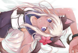 Rule 34 | 10s, 1girl, :d, animal ears, armlet, bare shoulders, blonde hair, blush, cat ears, cat tail, collarbone, competition school swimsuit, covered navel, flower, hibiscus, kantai collection, kemonomimi mode, long hair, looking at viewer, neckerchief, one-piece swimsuit, open mouth, parted lips, purple eyes, ro-500 (kancolle), school swimsuit, shirt, sidelocks, simple background, sleeveless, sleeveless shirt, smile, solo, swimsuit, swimsuit under clothes, tail, white shirt, yumesato makura