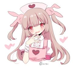 Rule 34 | 1girl, :d, bandaged arm, bandages, blush, rabbit hair ornament, cropped torso, fang, hair ornament, hat, head tilt, heart, heart print, light brown hair, long hair, looking at viewer, maitou, natori sana, nurse cap, open mouth, red eyes, sana channel, simple background, smile, solo, twitter username, two side up, virtual youtuber, white background