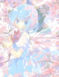 Rule 34 | 1girl, blue dress, blue eyes, blue hair, bow, branch, bud, cherry blossoms, cirno, commentary, cowboy shot, detached wings, dress, flower bracelet, from side, hair bow, hands up, highres, ice, ice wings, looking at viewer, nikorashi-ka, petals, short hair, short sleeves, solo, touhou, white background, wings