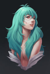 Rule 34 | 10s, 1girl, aqua hair, bei ju luoxuan wan, black background, black sclera, blood, blood on face, blue eyes, breasts, breasts squeezed together, colored sclera, eto (tokyo ghoul), eyelashes, female focus, glasses, hair between eyes, hair censor, hair over breasts, heterochromia, highres, long hair, looking away, medium breasts, mismatched sclera, parted lips, realistic, red eyes, rimless eyewear, solo, tokyo ghoul, topless, topless frame, upper body
