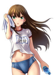 Rule 34 | 10s, 1girl, alternate costume, black hair, bottle, buruma, commentary request, gluteal fold, green eyes, groin, gym uniform, highres, holding, holding bottle, idolmaster, idolmaster cinderella girls, long hair, looking at viewer, navel, shibuya rin, short sleeves, simple background, solo, sweat, towel, wedgie, white background