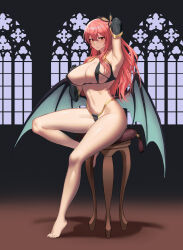 Rule 34 | 1girl, absurdres, areola slip, arm behind head, arm up, armpits, bad id, bad pixiv id, bare legs, bare shoulders, barefoot, bikini, black bikini, black gloves, breasts, cleavage, closed mouth, demon girl, demon wings, elbow gloves, gloves, gold trim, hair ornament, hand up, highleg, highleg bikini, highres, large breasts, long hair, looking at viewer, navel, one side up, original, red eyes, red hair, sitting, smile, solo, stomach, stool, string bikini, swimsuit, thighs, wings, yareen
