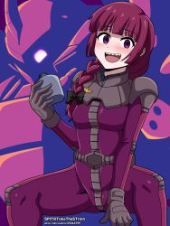 Rule 34 | 1girl, @ @, artist name, blunt bangs, blush, bocchi the rock!, bodysuit, bow, braid, cosplay, crotch strap, gloves, groin tendon, gundam, hair bow, hair over shoulder, highres, hiroi kikuri, holding, horns, looking at viewer, open mouth, pilot suit, purple bodysuit, purple eyes, purple hair, robot, sharp teeth, side braid, skin tight, solo, spit (takethestrain), teeth, upper teeth only