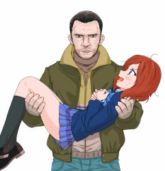 Rule 34 | 10s, 1boy, 1girl, ahoge, black legwear, blazer, brown eyes, brown hair, carrying, confused, crossover, eyebrows, facial hair, grand theft auto, grand theft auto iv, hands on own chest, jacket, kaiyuna, love live!, love live! school idol project, name connection, niko bellic, nishikino maki, open mouth, pleated skirt, princess carry, pun, purple eyes, red hair, rockstar, school uniform, shoes, short hair, simple background, size difference, skirt, socks, stubble, sweatdrop, white background