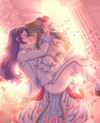 Rule 34 | 2girls, artist name, backlighting, blue hair, blush, carrying, closed eyes, commentary, commission, couple, dress, english commentary, fire emblem, fire emblem awakening, flower, gem, gloves, green hair, hair flower, hair ornament, highres, kiss, long hair, long sleeves, lucina (fire emblem), multiple girls, murasaki-yuri, nintendo, pants, petals, pointy ears, ponytail, princess carry, red flower, signature, stairs, tiara, tiki (adult) (fire emblem), tiki (fire emblem), tumblr username, tuxedo, watermark, web address, wedding, wedding dress, white gloves, white pants, wife and wife, yuri