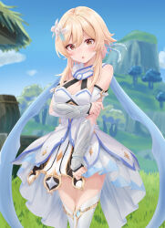 Rule 34 | 1girl, bassa, blonde hair, blush, breasts, brown eyes, cleavage, day, dress, flower, gauntlets, genshin impact, hair between eyes, hair flower, hair ornament, highres, long hair, looking at viewer, lumine (genshin impact), medium breasts, open mouth, outdoors, sidelocks, standing, thighhighs, white dress, white flower, white thighhighs