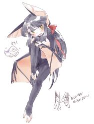 Rule 34 | 1boy, animal ears, animal feet, bat ears, bat tail, bat wings, body fur, borrowed character, commentary, fang, full body, grey fur, grey hair, hair ribbon, hands up, highres, hmtsdth, knee up, long hair, looking at viewer, male focus, monster boy, open mouth, original, prehensile feet, red ribbon, ribbon, sidelocks, simple background, solo, symbol-only commentary, translation request, trap, white background, wings, yellow eyes