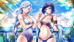 Rule 34 | 2girls, aqua eyes, armband, bangle, bare arms, bare shoulders, bead bracelet, beads, bikini, blue bikini, blue eyes, blue hair, blue one-piece swimsuit, blue sky, bob cut, bracelet, braid, breast hold, breasts, cleavage, cloud, cloudy sky, commentary request, covered navel, day, diagonal bangs, genshin impact, gold trim, gradient eyes, grey hair, grin, highres, holding hands, jewelry, large breasts, long hair, looking at viewer, low-braided long hair, low-tied long hair, multicolored eyes, multicolored hair, multiple girls, navel, necklace, ocean, one-piece swimsuit, outdoors, parted lips, pendant, railing, shawl, shenhe (genshin impact), short hair, sky, smile, stomach, swimsuit, upper body, very long hair, white hair, wuke euco, yelan (genshin impact)