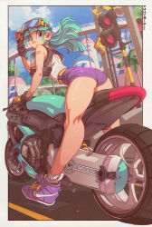 Rule 34 | 1girl, adjusting eyewear, ass, bandaid, bandaid on shoulder, blue eyes, blunt bangs, breasts, bulma, capsule corp, commentary, curvy, day, dragon ball, dragon ball (classic), edwin huang, english commentary, fingerless gloves, flat ass, full body, gloves, goggles, goggles on head, green hair, gun, handgun, high-waist shorts, highres, holster, holstered, kneepits, legs, long hair, long legs, looking back, loose socks, medium breasts, motor vehicle, motorcycle, nike (company), pistol, purple shorts, shiny skin, shoes, short shorts, shorts, shoulder holster, sneakers, socks, solo, straddling, straight hair, tank top, traffic light, twitter username, weapon