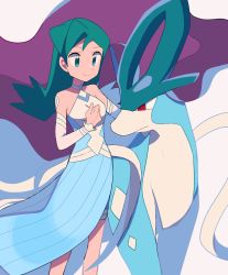 Rule 34 | 1girl, blue dress, choker, closed mouth, commentary request, creatures (company), detached sleeves, dress, eyelashes, game freak, gen 2 pokemon, green eyes, green hair, hand up, highres, kris (pokemon), kris (sygna suit) (pokemon), legendary pokemon, long hair, looking down, nintendo, official alternate costume, pokemon, pokemon (creature), pokemon masters ex, red eyes, smile, standing, suicune, tyako 089, white choker