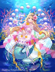 Rule 34 | 1girl, air bubble, blonde hair, blue eyes, bottle, bubble, bushiroad, character request, clothing cutout, coral, cross-laced clothes, dress, fish, flower, frilled skirt, frills, fuzichoco, gem, gloves, hair flower, hair ornament, lace, lace-trimmed skirt, lace trim, long hair, looking at viewer, mermaid, monster girl, navel, pearl (gemstone), perfume bottle, pink sash, puffy short sleeves, puffy sleeves, sash, scrunchie, short sleeves, skirt, smile, solo, stomach cutout, underwater, very long hair, white dress, white gloves, wrist scrunchie