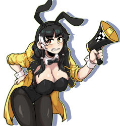 Rule 34 | 1girl, absurdres, animal ears, black bow, black bowtie, black hair, black headband, black leotard, black pantyhose, bow, bowtie, breasts, cleavage, clenched teeth, detached collar, dinoyhs, fake animal ears, girls&#039; frontline, hair between eyes, hair ornament, hand on own hip, hand up, headband, heterochromia, highres, holding, holding microphone, jacket, large breasts, leaning forward, leotard, looking away, looking to the side, low twintails, microphone, multicolored hair, open mouth, pantyhose, playboy bunny, red eyes, ro635 (girls&#039; frontline), short twintails, simple background, solo, streaked hair, sunglasses, teeth, twintails, two-tone hair, white background, white hair, wrist cuffs, yellow eyes, yellow jacket