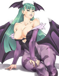 Rule 34 | 1girl, areola slip, blush, breasts, capcom, chyko7080, elbow gloves, fingerless gloves, gloves, green eyes, green hair, head wings, hime cut, hip focus, jewelry, large breasts, leotard, lipstick, long hair, makeup, morrigan aensland, pantyhose, ring, sitting, thick thighs, thighs, vampire (game), wide hips, wings