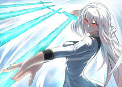 Rule 34 | 1girl, energy sword, floating, floating object, floating sword, floating weapon, glowing, glowing eyes, glowing sword, glowing weapon, holding, holding sword, holding weapon, kengzeta, knight, long hair, looking at viewer, magic, original, parted lips, red eyes, solo, sword, weapon, white hair