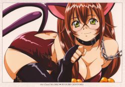 Rule 34 | 00s, animal ears, ass, blush, breasts, brown hair, butt crack, cat ears, cat tail, chain, cleavage, collar, elbow gloves, fingerless gloves, glasses, gloves, green eyes, ikkitousen, ikkitousen dragon destiny, large breasts, leash, long hair, moe (phrase), ryuubi gentoku, tail, thighhighs, yellow eyes
