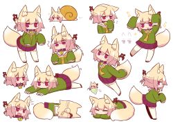 Rule 34 | 1girl, ^^^, animal ear fluff, animal ears, arms up, bell, blonde hair, blush, brown collar, closed eyes, closed mouth, collar, commentary request, flying sweatdrops, fox ears, fox girl, fox tail, green shirt, hair between eyes, hair bun, hair ornament, hand to own mouth, highres, jingle bell, kemomimi-chan (naga u), long sleeves, lying, multiple views, naga u, neck bell, on side, on stomach, open mouth, original, pleated skirt, profile, purple skirt, red eyes, red footwear, ribbon-trimmed legwear, ribbon trim, sailor collar, shirt, simple background, single hair bun, skirt, sleeves past fingers, sleeves past wrists, snail shell, sparkle, standing, surprised, tail, thighhighs, white background, white sailor collar, white thighhighs
