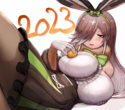 Rule 34 | 1girl, 2023, alternate breast size, animal ears, bare shoulders, bow, bowtie, breasts, center frills, detached collar, dress, elbow gloves, european hare (kemono friends), food, food on body, food on breasts, frills, fruit, fur collar, furrowed brow, gloves, hair over one eye, hairband, half-closed eye, highres, huge breasts, impossible clothes, kagami mochi, kemono friends, knee up, long bangs, long hair, looking at viewer, lying, mandarin orange, naughty face, new year, object on breast, on back, on side, oppai mochi, orange (fruit), pantyhose, parted lips, rabbit ears, rabbit girl, shibori kasu, smile, solo, strapless, strapless dress, twisted torso, very long hair, yellow eyes