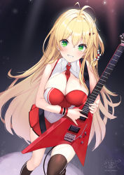 Rule 34 | 1girl, absurdres, antenna hair, asymmetrical legwear, bare shoulders, between breasts, black socks, black thighhighs, blonde hair, blush, breasts, cleavage, commentary request, electric guitar, green eyes, grin, guitar, hair between eyes, hair ornament, hairclip, highres, holding, holding instrument, instrument, kneehighs, large breasts, long hair, looking at viewer, necktie, necktie between breasts, ochinsama, pleated skirt, red necktie, red skirt, signature, single kneehigh, single sock, single thighhigh, skirt, smile, socks, solo, thighhighs, tsurumaki maki, twitter username, very long hair, voiceroid, wristband