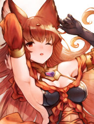 Rule 34 | 1girl, ;o, animal ears, anthuria, areola slip, armpits, arms up, bad id, bad pixiv id, bare shoulders, black gloves, blush, breasts, brooch, cleavage, commentary request, detached sleeves, dress, elbow gloves, erune, gloves, granblue fantasy, hair ornament, highres, jewelry, koretsuki azuma, large breasts, long hair, looking at viewer, one eye closed, parted lips, red dress, red eyes, red hair, simple background, single elbow glove, solo, sweat, upper body, white background