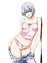 Rule 34 | 1girl, absurdres, ayanami rei, blue hair, bow, bow panties, clothes pull, denim, female focus, highres, horibe hiderou, huge filesize, incredibly absurdres, jeans, neon genesis evangelion, aged up, panties, pants, pants pull, pink panties, poster (medium), red eyes, short hair, solo, third-party edit, underwear, undressing