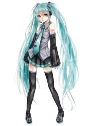 Rule 34 | 1girl, aqua eyes, aqua hair, blacksio, boots, detached sleeves, full body, hatsune miku, headset, highres, long hair, nail polish, necktie, number tattoo, pigeon-toed, shoulder tattoo, skirt, solo, tattoo, thigh boots, thighhighs, twintails, very long hair, vocaloid, white background
