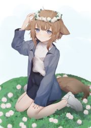 Rule 34 | 1girl, animal ears, black shorts, blue coat, blue eyes, brown hair, closed mouth, coat, dog ears, dog tail, ears down, fingernails, flower, full body, grass, grey sweater, hand up, head wreath, high-waist shorts, highres, looking at viewer, medium hair, migihidari (puwako), nail polish, open clothes, open coat, original, pink nails, ribbed sweater, shoes, shorts, sitting, smile, solo, sweater, tail, wariza, white flower, white footwear