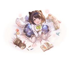 Rule 34 | 1girl, :d, blue skirt, blush, book, bow, bowtie, breasts, brown eyes, brown hair, child&#039;s drawing, collared shirt, colored pencil, draph, drawing, flower, frilled skirt, frills, full body, granblue fantasy, green bow, green bowtie, hair bobbles, hair ornament, hairband, horns, long sleeves, looking at viewer, medium breasts, minaba hideo, no shoes, official art, open mouth, oppai loli, pencil, pouch, shirt, short hair, sitting, skirt, smile, solo, stuffed animal, stuffed toy, swept bangs, teddy bear, thighhighs, transparent background, v arms, vyrn (granblue fantasy), wariza, white shirt, white thighhighs, yaia (granblue fantasy), zettai ryouiki