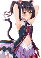 Rule 34 | 1girl, animal ear fluff, animal ears, armpits, arms behind head, arms up, bare arms, bare shoulders, blush, breasts, cat ears, cat girl, cat tail, closed mouth, commentary request, frilled skirt, frills, green eyes, hair between eyes, highres, karyl (princess connect!), komori kuzuyu, multicolored hair, navel, open clothes, open shirt, ponytail, princess connect!, purple skirt, shirt, simple background, skirt, sleeveless, sleeveless shirt, small breasts, solo, streaked hair, tail, white background, white hair, white shirt