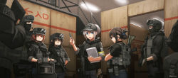 Rule 34 | 4boys, 4girls, absurdres, akm, assault rifle, ballistic shield, baseball cap, black jacket, black shirt, blue eyes, blue pants, brown eyes, brown hair, ceiling light, closed mouth, commentary, ear protection, english commentary, gloves, goggles, goggles on headwear, grey gloves, grey hair, grey headwear, gun, hair between eyes, han yue ling, handgun, hat, headset, helmet, highres, holding, holding gun, holding pencil, holding weapon, indoors, jacket, kalashnikov rifle, long sleeves, multiple boys, multiple girls, ndtwofives, open mouth, original, pants, pencil, pistol, ponytail, profile, red eyes, rifle, riot shield, shield, shirt, smile, standing, teeth, twitter username, upper teeth only, weapon, weapon request, yellow eyes
