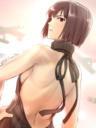 Rule 34 | 10s, 1girl, aircraft, airplane, bare arms, bare shoulders, breasts, brown eyes, brown hair, hyuuga (kancolle), kantai collection, medium breasts, meme attire, primary stage, short hair, sideboob, solo, twitter username