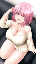 Rule 34 | 1girl, ;d, absurdres, bad id, bad twitter id, bare shoulders, breasts, cleavage, collarbone, eyes visible through hair, from above, highres, large breasts, long sleeves, looking at viewer, nori tamago, off-shoulder sweater, off shoulder, one eye closed, open mouth, pink hair, red eyes, saigyouji yuyuko, short hair, sitting, smile, solo, sweater, thighs, touhou, white sweater