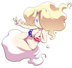 Rule 34 | 10s, 1girl, american flag, bikini, blush, blush stickers, breasts, character request, cleavage, large breasts, looking at viewer, nollety, solo, swimsuit, v, white background, youkai watch