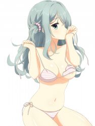 Rule 34 | 1girl, alternate costume, aqua eyes, aqua hair, areola slip, bare arms, beads, bikini, blush, breasts, cleavage, collarbone, commentary, cowboy shot, crossed bangs, curvy, hair beads, hair between eyes, hair ornament, hands up, holding, holding clothes, holding swimsuit, komatsu (sakanae), large breasts, long hair, looking at viewer, navel, one side up, profile, riddle joker, shikibe mayu, shiny skin, side-tie bikini bottom, sideways glance, simple background, solo, striped bikini, striped clothes, swimsuit, wavy hair, white background