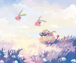 Rule 34 | closed mouth, cloud, creatures (company), day, flower, from side, game freak, gen 2 pokemon, highres, hoppip, looking up, lying, mareep, nashiro o77o, nintendo, no humans, outdoors, pokemon, pokemon (creature), sky, smile, white flower, yellow eyes