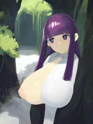 Rule 34 | 1girl, black coat, blunt bangs, breasts, closed mouth, coat, day, dress, fern (sousou no frieren), forest, huge breasts, long hair, nature, nipples, one breast out, open clothes, open coat, outdoors, purple eyes, purple hair, sidelocks, snorkel14, solo, sousou no frieren, tree, upper body, white dress